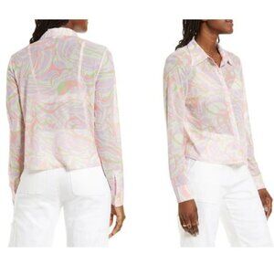 BP.  Button-up Mesh Shirt In Ivory Multi Roxie Abstract Women's Size S